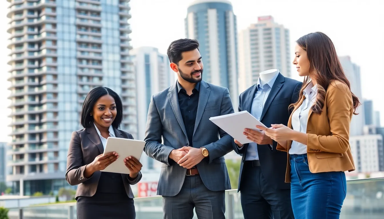 diverse professionals discussing condo buying and renting in a modern urban setting.