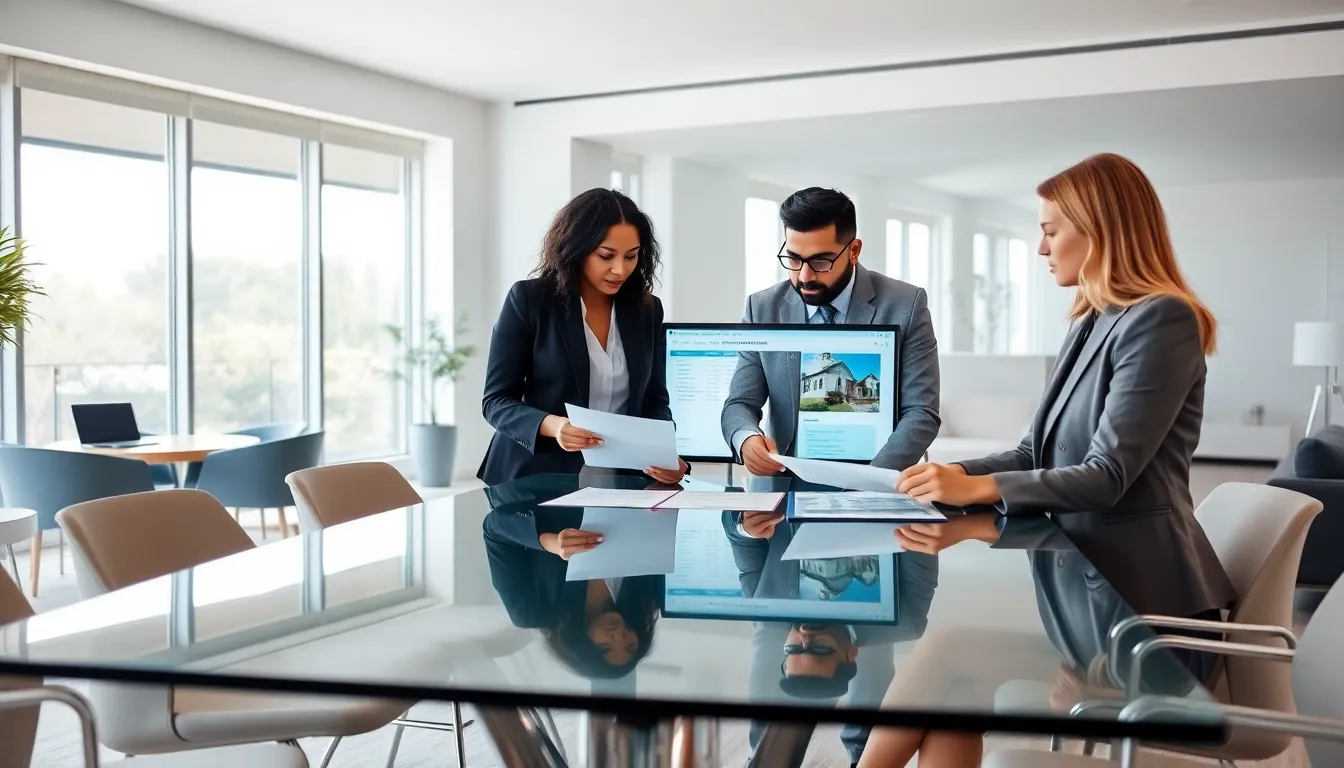 diverse team discussing property title documents in a modern office.