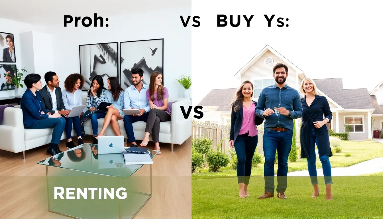 A split image showing renting and buying a house scenarios.