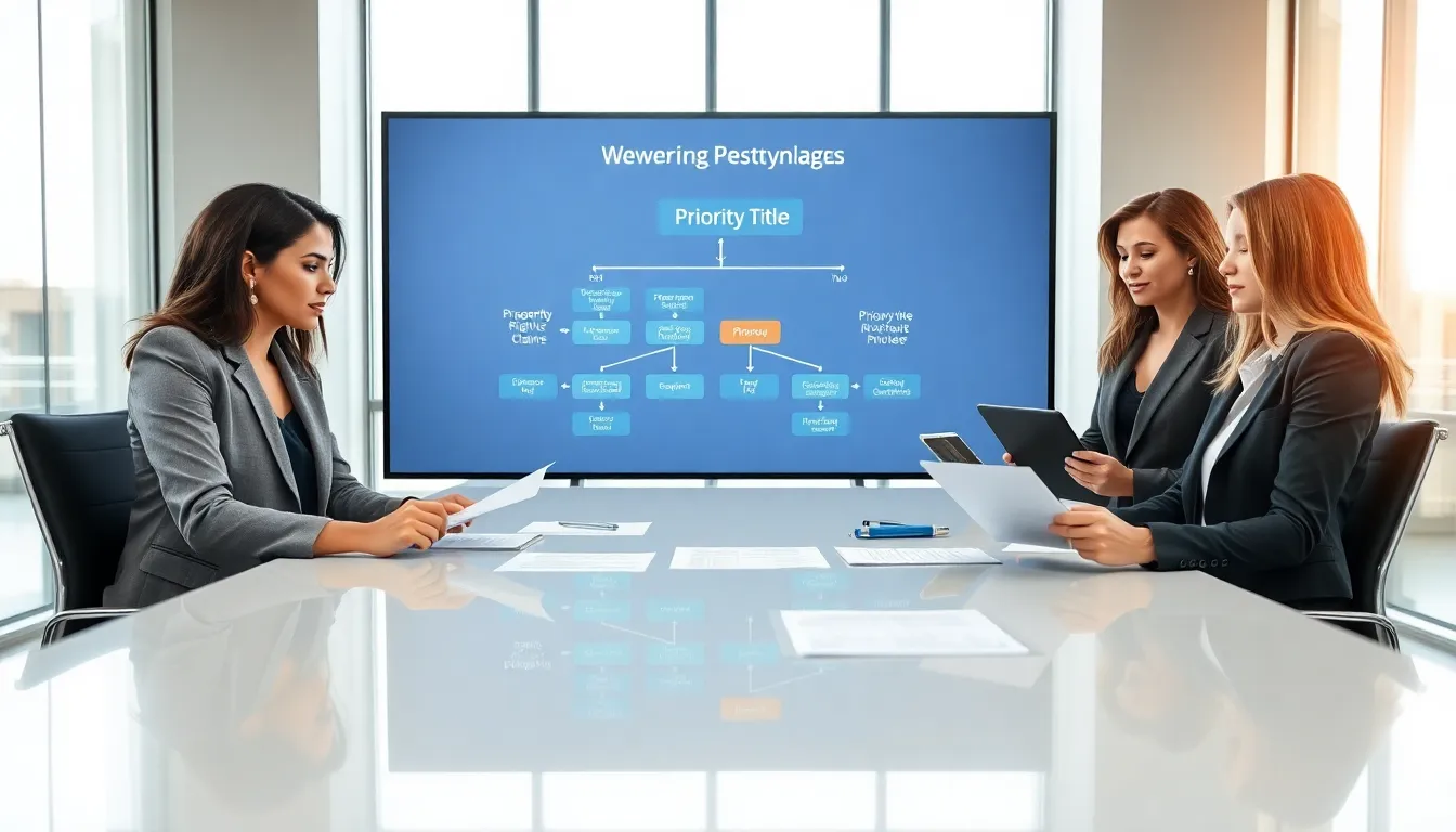 real estate professionals discussing priority title in a modern office.