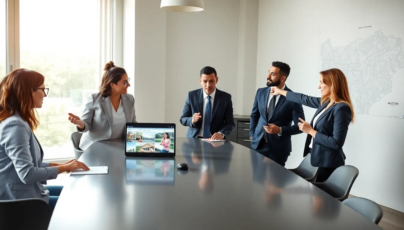 diverse real estate agents collaborating in a modern Austin office.