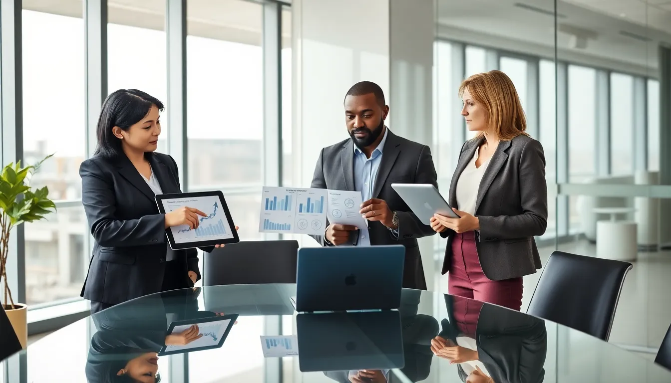 diverse team of agents discussing commercial real estate commissions in a modern office.