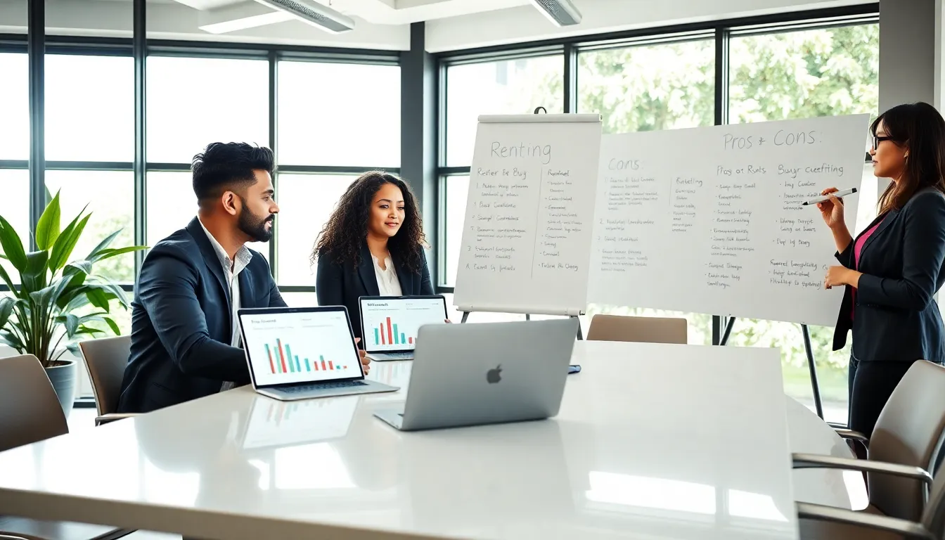professionals discussing renting versus buying in a modern office.