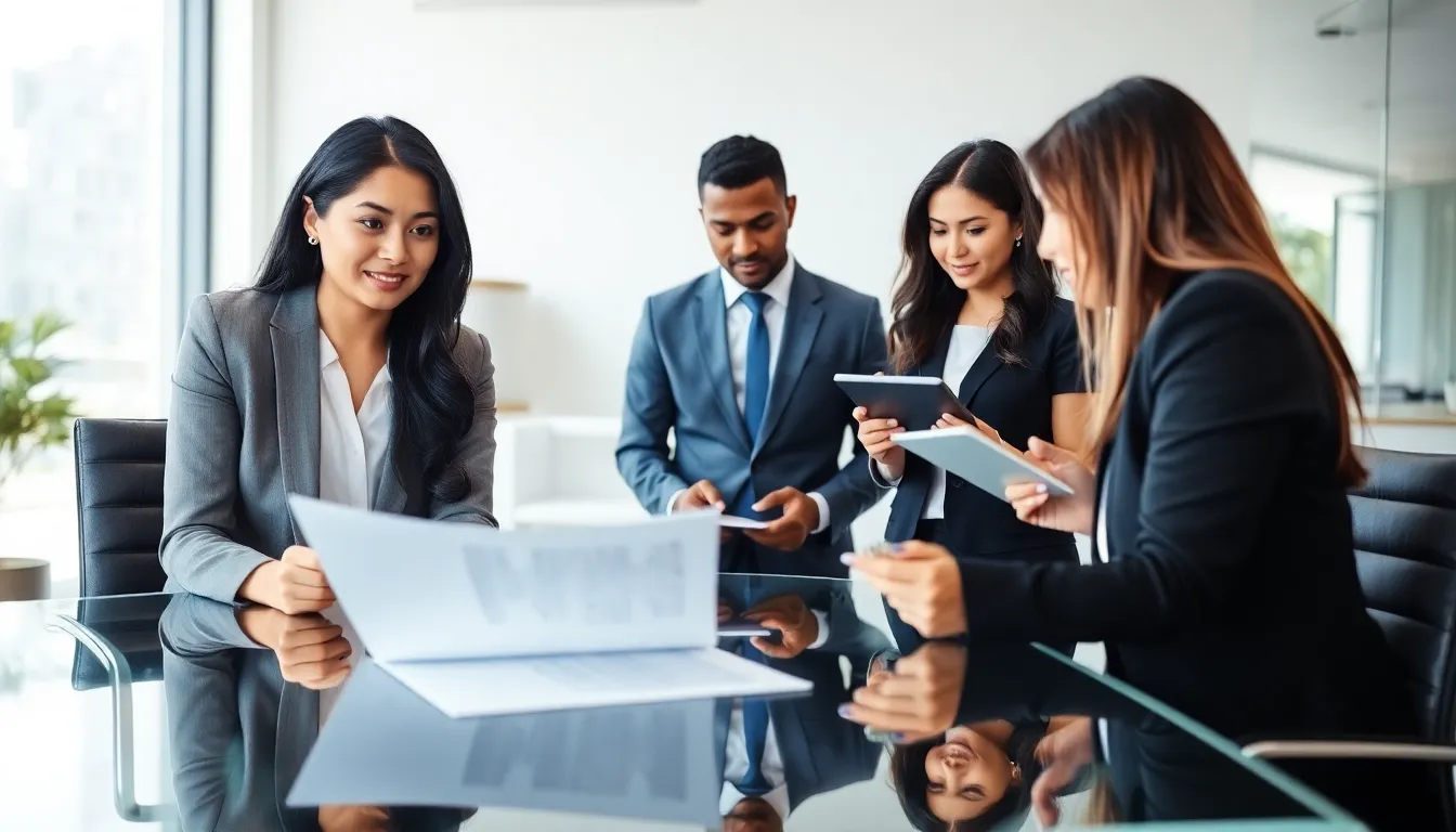 diverse team discussing title insurance in a modern office.