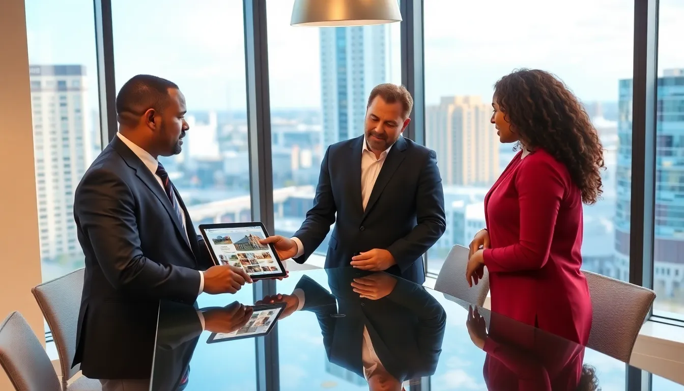 a real estate agent advising a diverse couple in a modern office.