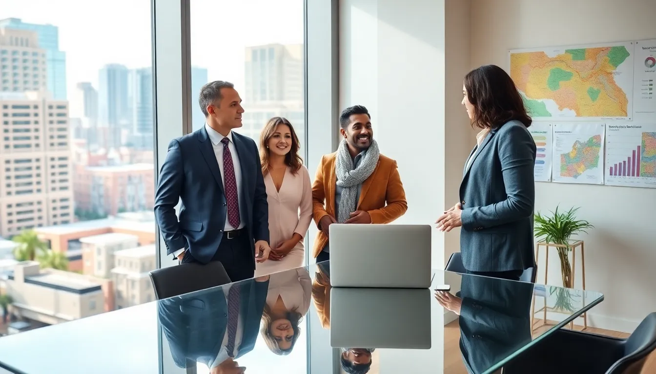 real estate agent assisting clients in a modern office setting.