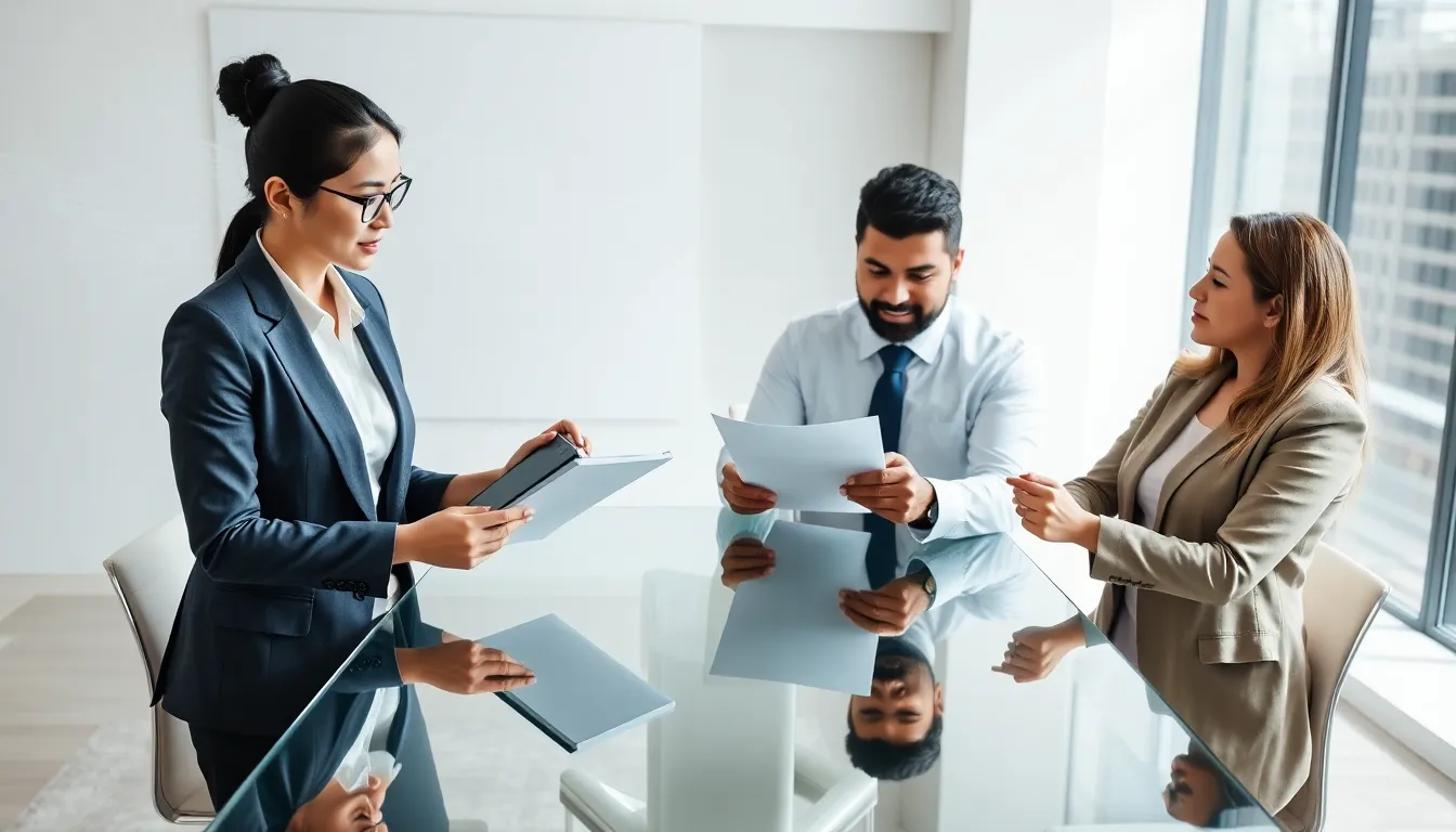 diverse team discussing title escrow in a modern office setting.