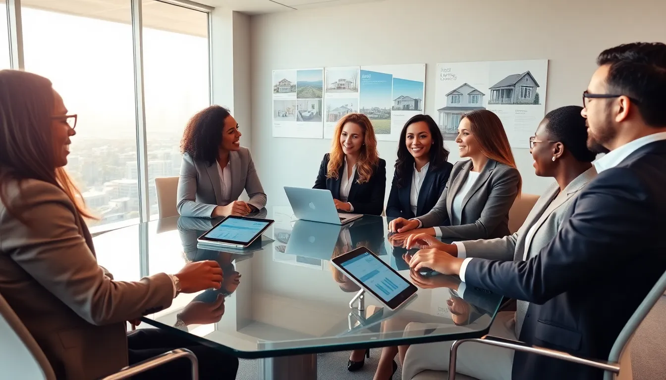 real estate agents collaborating in a modern office with city skyline view.