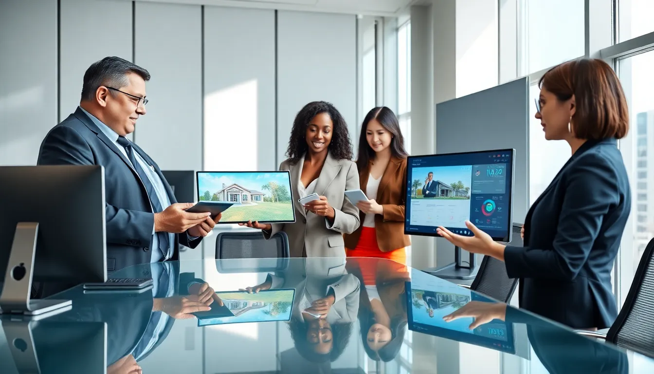 diverse real estate agents collaborating with technology in a modern office.